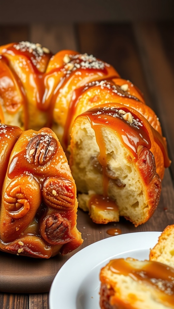Homemade Monkey Bread Recipe A delicious pull-apart monkey bread with cinnamon sugar, nuts, and caramel sauce on a rustic table.